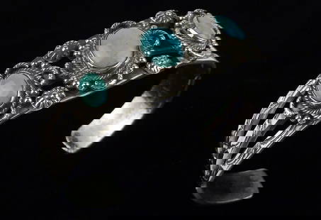 RARE Heavy 1930s Navajo Sterling Cuff Bracelet DDT Needs Repair: A Super Rare Antique 1930s Harvey Era Navajo Handmade Very Thick Sterling Silver Turquoise Cuff Bracelet, will fit 7-8 inch wrist, signed DDT as shown. Has two breaks in the outer part of the cuff