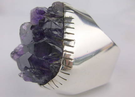 HUGE Rebecca Collins Sterling Silver Amethyst Crystal Ring 8-10: A Huge Rare Highly Collectible Rebecca Collins Dallas Texas Sterling Silver with Genuine Amethyst Crystal Formation Ring, fits size 8-10, in mint condition, very huge and heavy. Pics do not show how