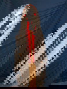 HUGE 6ft Navajo Buffy Sam Linda Lee Ceremonial Headdress: A Huge Navajo ALL HANDMADE and Very Detailed by Artist Buffy Sam and Linda Lee, 6 Foot Long Genuine Ceremonial Authentic Navajo Headdress with incredible beaded hand workings, genuine feather and fur