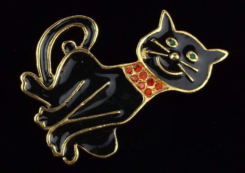 Mint Vintage Enameled Rhinestone Cat Brooch (1 of 2)