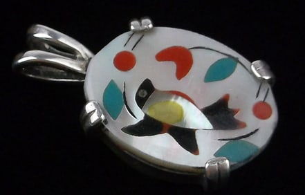 Mint Vintage 1960s Zuni Sterling Silver Inlay Bird Pendant
