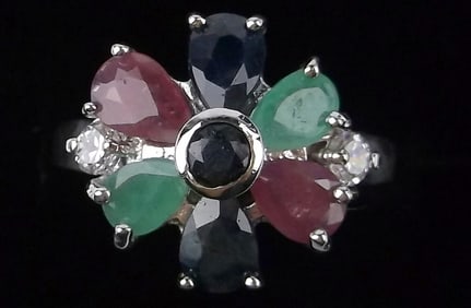 Mint Designer Sterling Silver Ruby Emerald Sapphire Ring 6.5