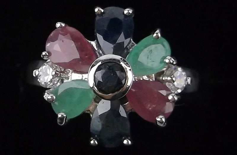 Mint Designer Sterling Silver Ruby Emerald Sapphire Ring 6.5 (1 of 2)