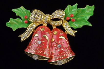 New Big Vint Enameled Rhinestone Christmas Bells Brooch