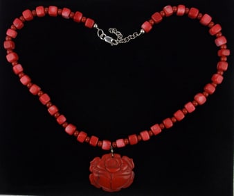 New Vintage Sterling Silver Red Coral Rose Necklace 19"