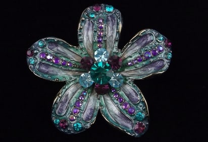 Mint Vintage Big Enameled Rhinestone Flower Brooch