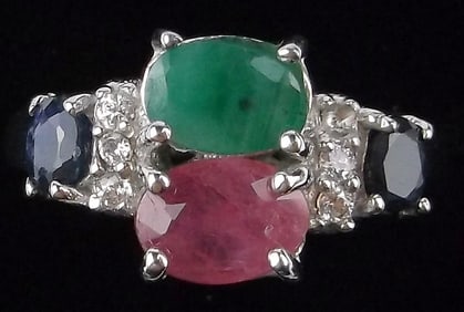 New Thick Design Sterling Silver Ruby Emerald Sapphire Ring 5.5