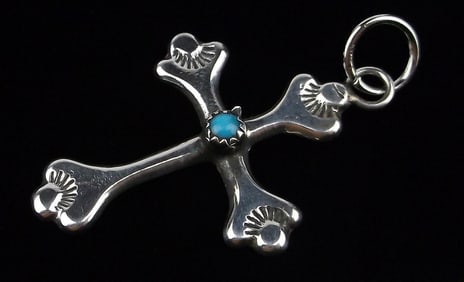 New Navajo Peggy Skeets Sterling Turquoise Cross Pendant