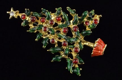 Mint Vintage Enameled Rhinestone Christmas Tree Brooch