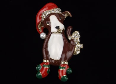New Big Enameled Rhinestone Christmas Dog Brooch