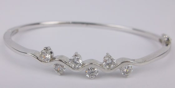 Mint Vint Thick Sterling Silver CZ Hinged Bracelet 6.5"