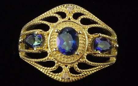 New Designer Gold Over Sterling Tanzanite Diamond Ring 6.5