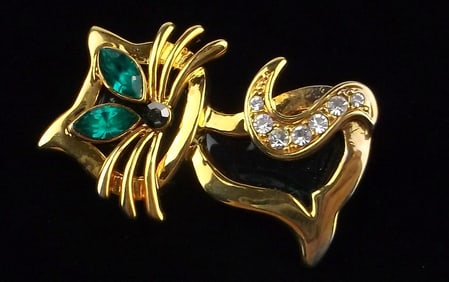 Mint Vintage Designer Rhinestone Cat Brooch