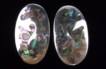 Mint Big 1950s Pedro Taxco Sterling Silver Abalone Earrings