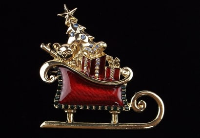 New Boxed Monet Enam Rhinestone Christmas Sleigh Brooch