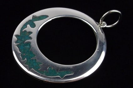 Mint Vintage Big 1950s Taxco Sterling Silver Turquoise Pendant