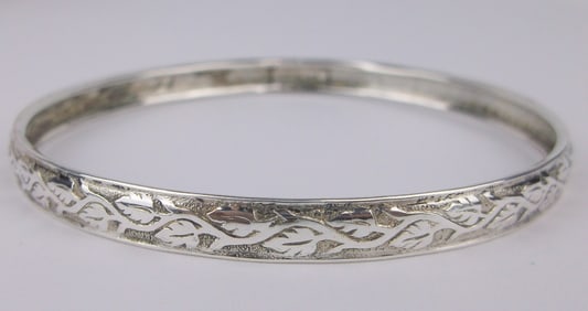 Mint Antique 1940s Sterling Silver Ivy Vine Bangle Bracelet 8"