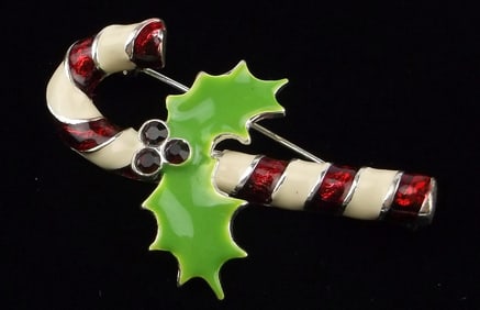 Mint Vint Enameled Rhinestone Christmas Candy Cane Brooch Signed