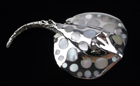 New Big Thick Sterling Silver Mother of Pearl Stingray Pendant