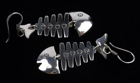 Mint Big Thick Vint Taxco Sterling Silver Fish Bones Earrings TH95