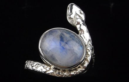 New Big Designer Sterling Silver Moonstone Snake Ring 7