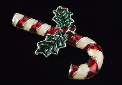 New Boxed Monet Rhinestone Christmas Candy Cane Brooch
