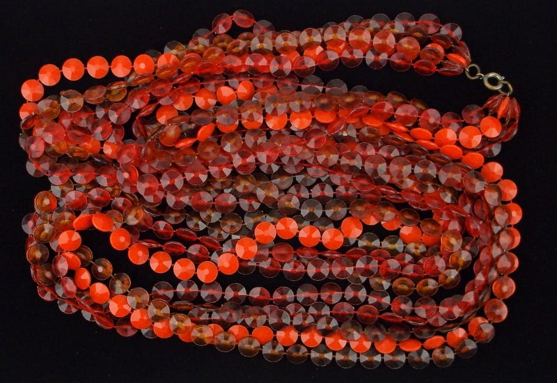 Stunning 1950s Germany Celluloid 5 Strand Long Necklace 52": excellent condition