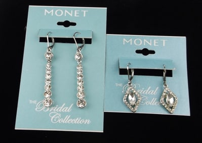 2 New Monet Rhinestone Bridal Collection Earrings Sets On Card
