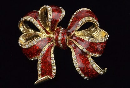 Stunning Vint Enameled Rhinestone Christmas Bow Brooch