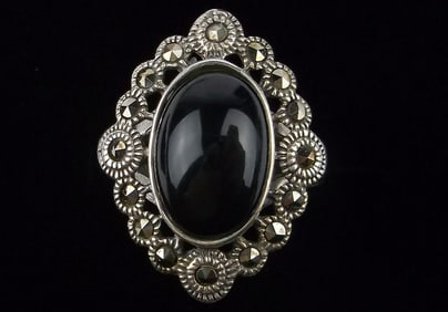 Mint Vint Big Designer Sterling Silver Onyx Marcasite Ring 6.5