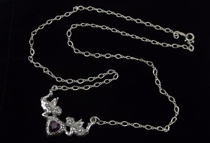 Mint Vint Thick Sterling Silver Cherubs Chain Necklace 19" Amethyst