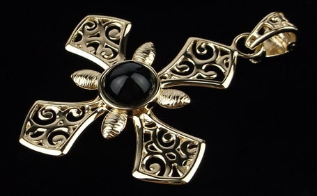 New Big Itaor Italian Gold Over Sterling Onyx Cross Pendant