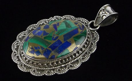 New Big Designer Sterling Silver Lapis Malachite Pendant