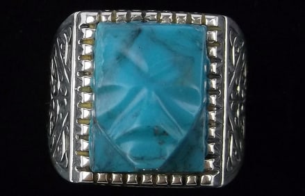 New Big Designer Sterling Silver Mayan Mask Turquoise Ring 8