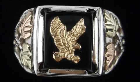 Huge Mint Vint Heavy Sterling 12kt Black Hills Gold Eagle Ring 16