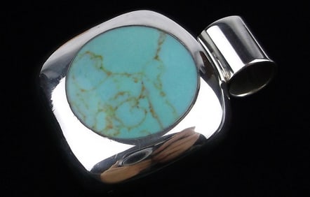 Mint Vintage Big Heavy Taxco Sterling Silver Turquoise Pendant