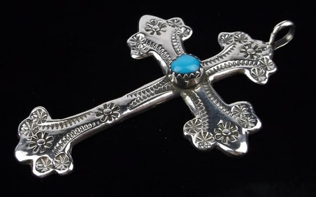 Big Mint Navajo Betty Skeets Sterling Turquoise Cross Pendant