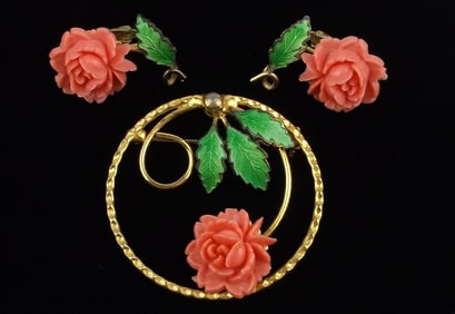 Stunning Antique 1940s Celluloid Rose Brooch Earrings Set