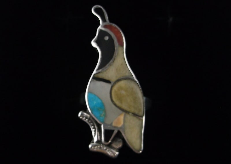 Mint 1960s Zuni Sterling Silver Turquoise Inlay Quail Ring 7 (1 of 4)