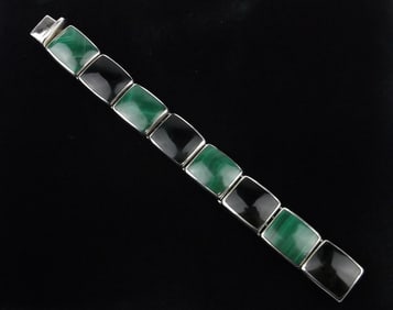 Mint Thick Heavy Vint Taxco Sterling Malachite Bracelet 7" TL63