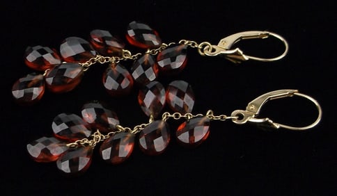 New Boxed 14kt Gold Long Garnet Drop Earrings 5.54g