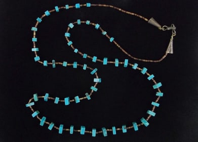1950s Zuni Dale Mahooty Sterling Turquoise Shell Necklace 27"