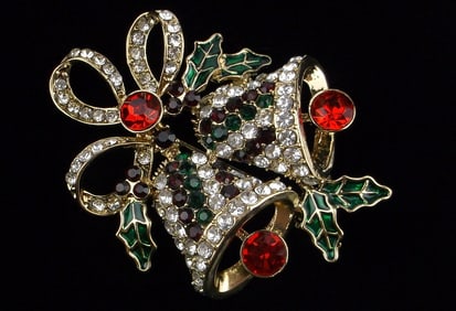 New Boxed Monet Rhinestone Christmas Bells Brooch Enameled