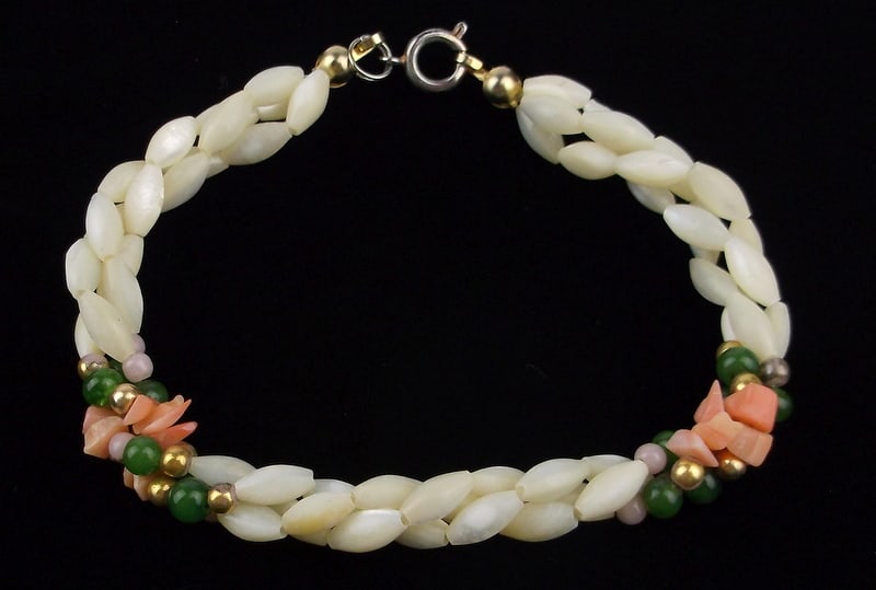 Stunning Vintage 1960s Jade Pink Coral MOP Bracelet 7.5" (1 of 2)