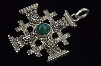 Mint Vintage Sterling Silver Agate Jerusalem Cross Pendant