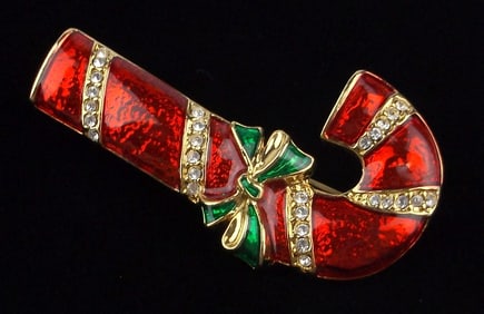 Mint Vint Enameled Rhinestone Candy Can Christmas Brooch