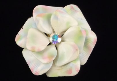 Big Gorgeous 1960s Enameled Aurora Borealis Rhinestone Brooch