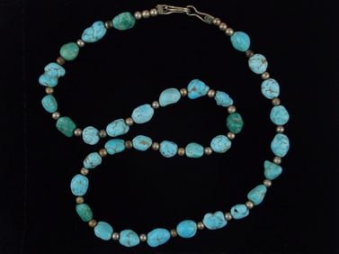 Mint 1950s Zuni Sterling Silver Blue Gem Turquoise Necklace 16"