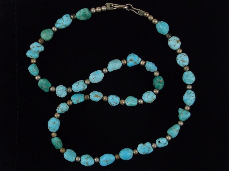 Mint 1950s Zuni Sterling Silver Blue Gem Turquoise Necklace 16" (1 of 4)