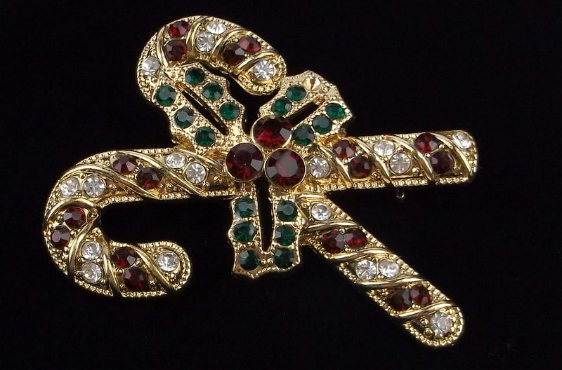 New Boxed Monet Rhinestone Christmas Candy Cane Brooch (1 of 2)